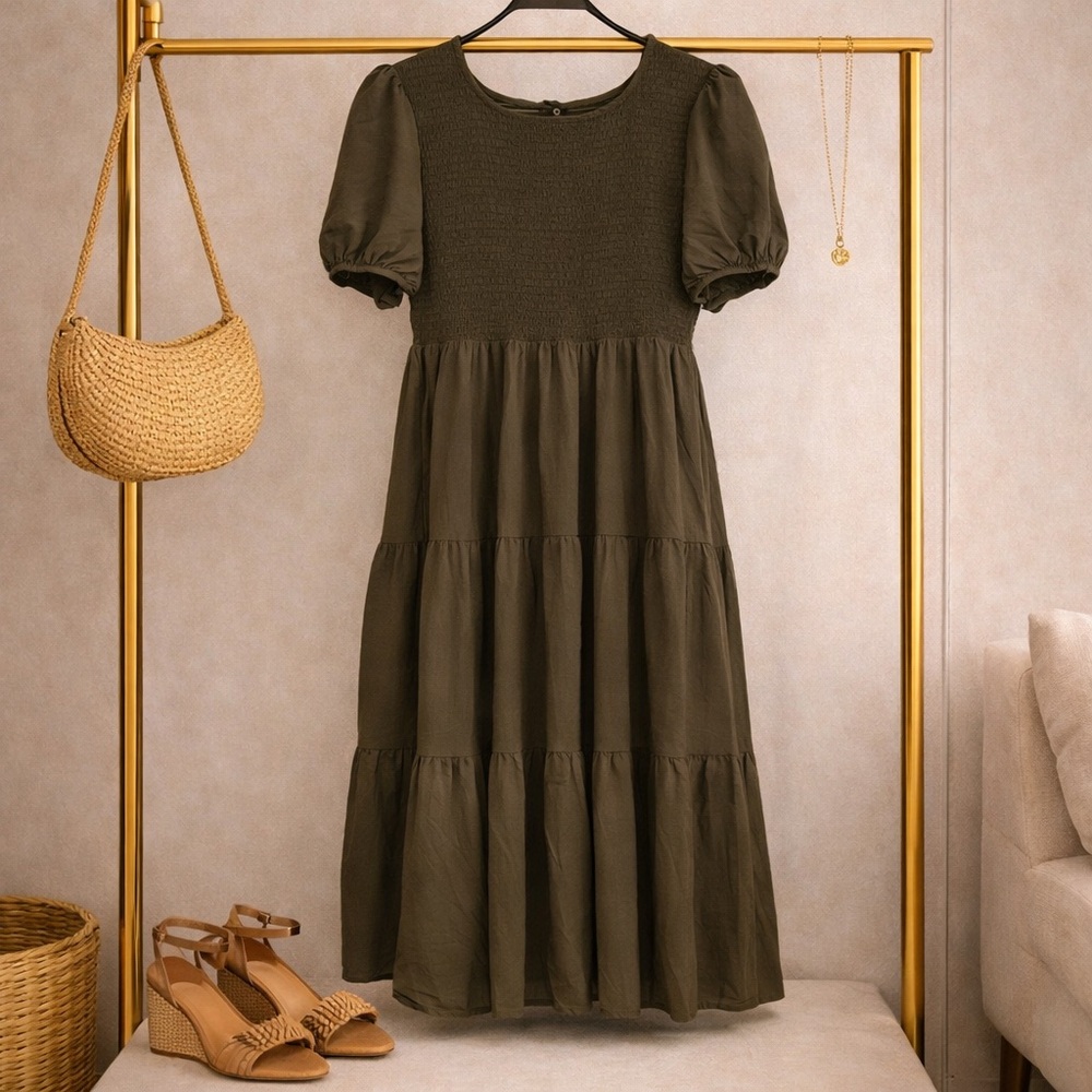 ❤️ 3 FOR $20 DRESS SALE ❤️ Brown Puff Sleeve Tiered Dress